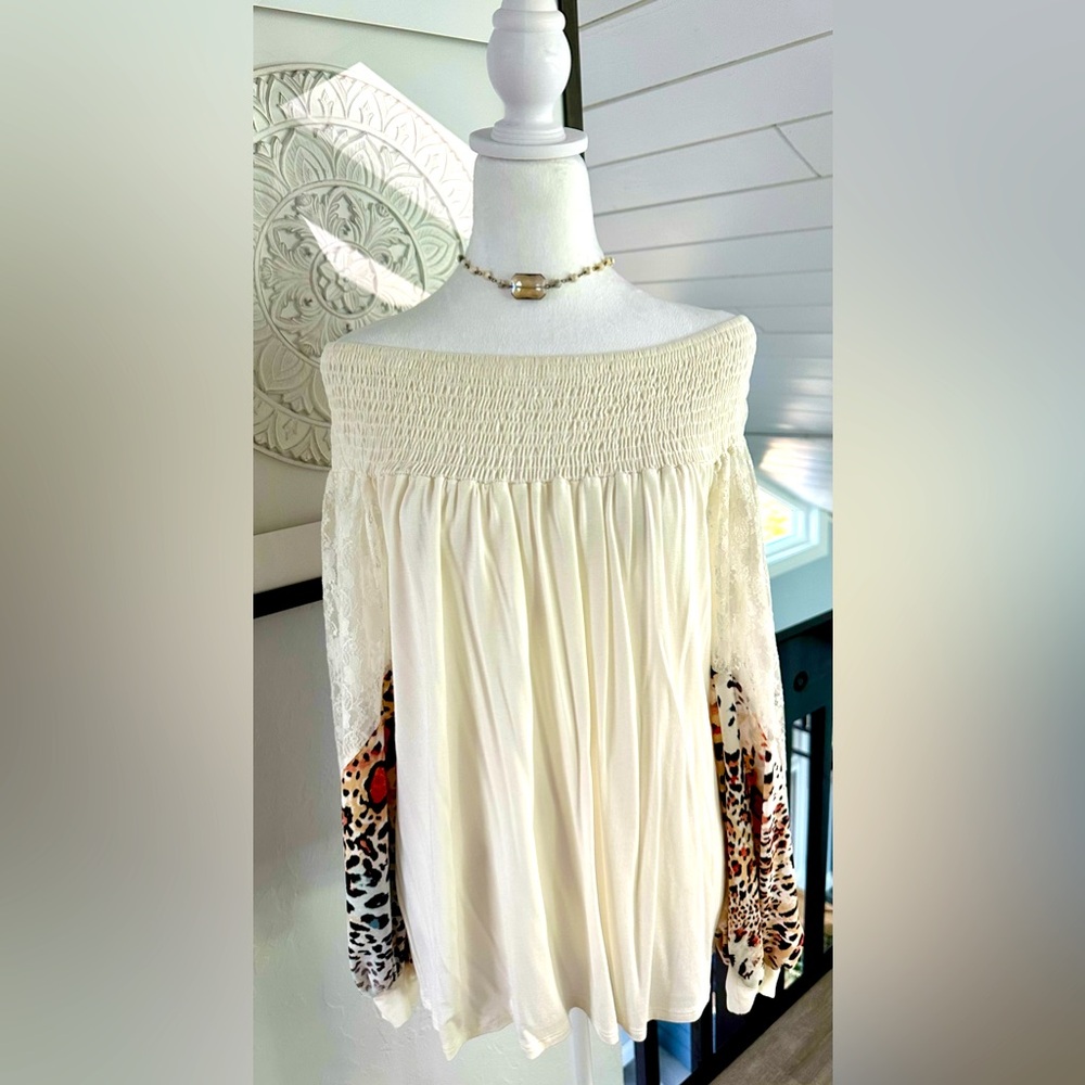 Beautiful VaVa off the Shoulder Top with Lace/Animal Print Bell Sleeves